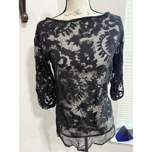 Grace Elements Sheer Mesh Blouse Pullover Top M Black Floral Textured Whimsy Got